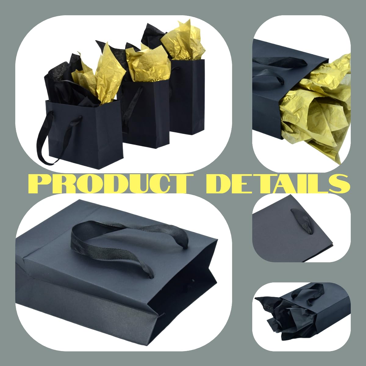 JUNESHE 4 Pack Small Black Gift Bags with Tissue Paper,6.3 inch Mini Tiny Little Paper Bag for Birthday Party Favors Baby Bridal Shower Shopping Presents Wedding