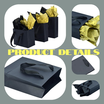 JUNESHE 4 Pack Small Black Gift Bags with Tissue Paper,6.3 inch Mini Tiny Little Paper Bag for Birthday Party Favors Baby Bridal Shower Shopping Presents Wedding