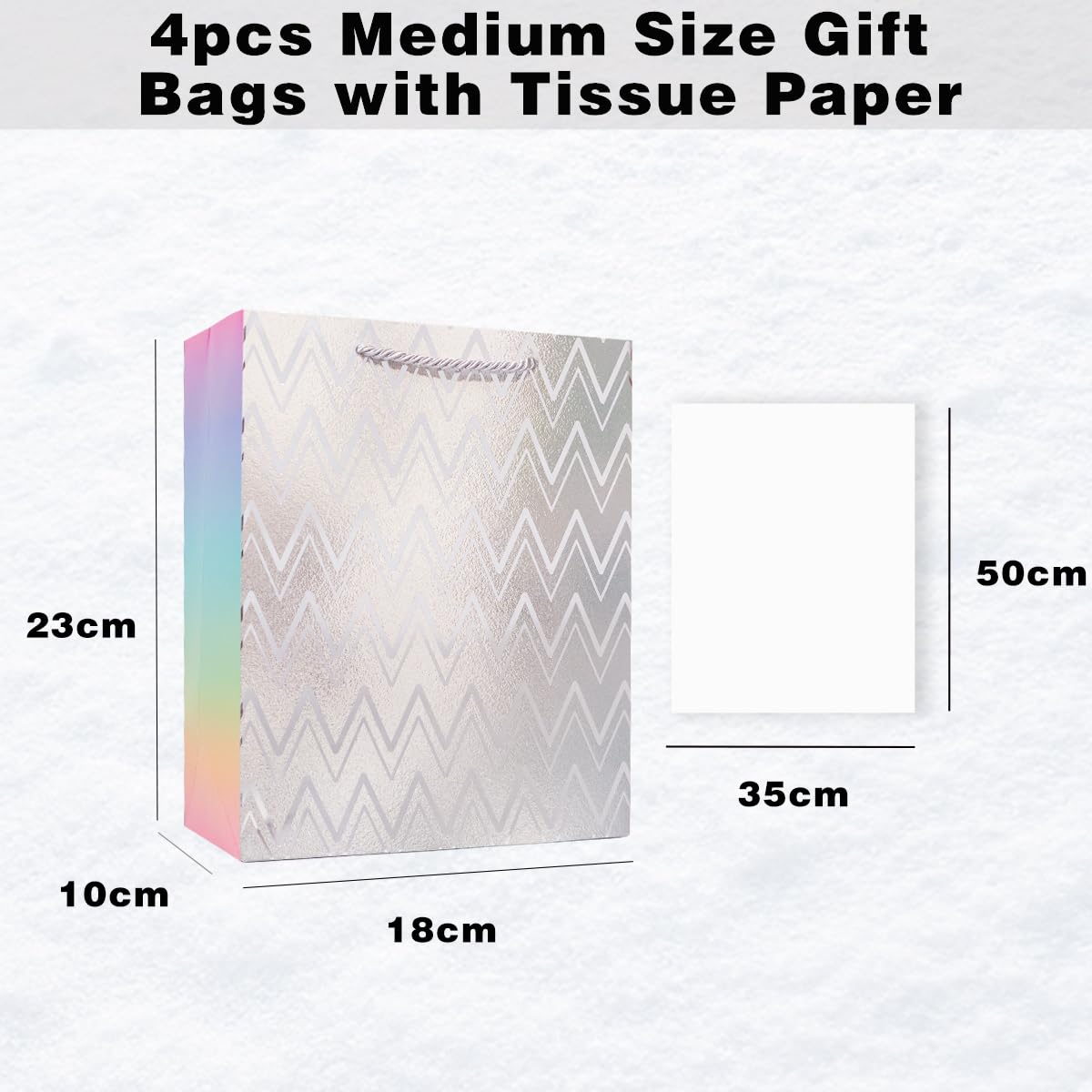 ZJHiome Gift Bag for Presents 4 Pack 9'' Sliver Medium Size Bag with Tissue Paper Marble Pattern Gift Bag with Handle for Christmas Shopping Birthday Wedding Party (Silver)