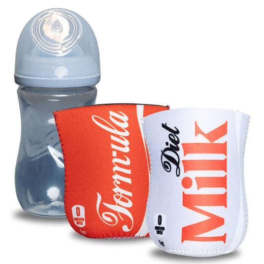 Soft Drink Themed Coozies for Baby Bottles - Funny Gift for New Parents & Baby Showers - (2 Premium Designed Neoprene Coozies + BPA/Lead/Phthalate Free Bottle Included)