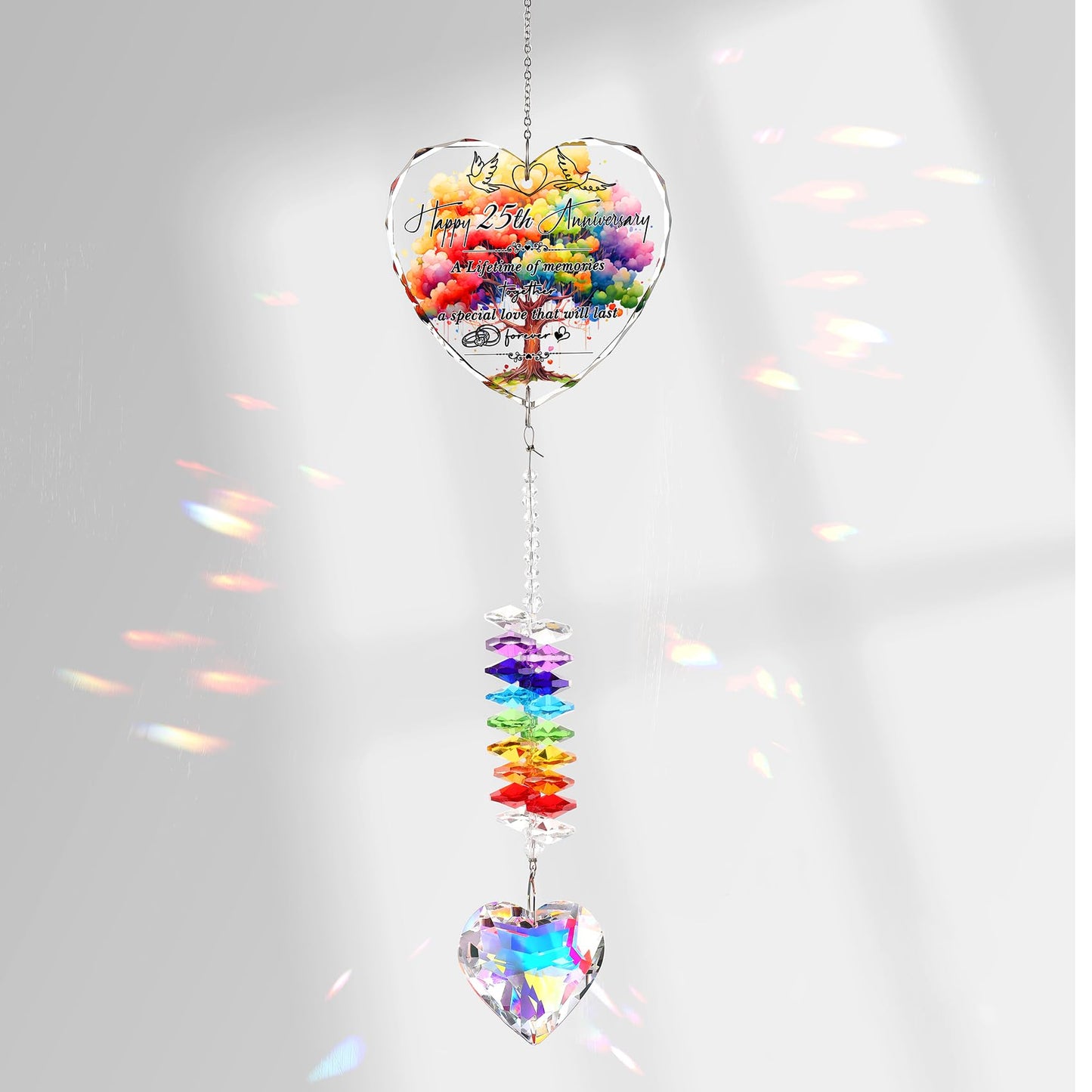 25th Anniversary Suncatcher Gifts for Couples, Wife, 25 Years of Marriage Crystal Hanging Heart Rainbow Maker Keepsake Home Garden Decor