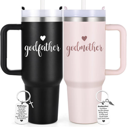 LiqCool Godparents Proposal Gift, 40 Oz Godmother and Godfather Set of 2 Tumblers, Godparents Christening Gifts Ideas from Godchild, Best Christmas Birthday Gifts for Godparents(Black & Pink)