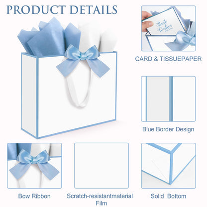 Ethhqu 3 Pack Elegant Large Gift Bags with Handles, 12.6x10x4 Inch - Set Includes Tissue Paper & Cards for Birthday, Baby Shower, Wedding, Anniversary, Mothers Day & Holiday Gifts (3Pcs White with Blue Rim)