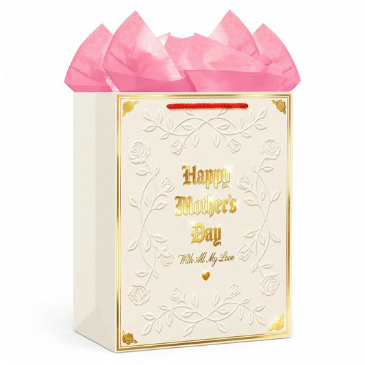 D4DREAM Mothers Day Gift Bag - 11.5'' Medium Happy Mother's Day Paper Gift Bag with Tissue Paper and Handles Elegant Embossed Rose Gift Wrap Bag for Mom Nana Grandma Wife Sister