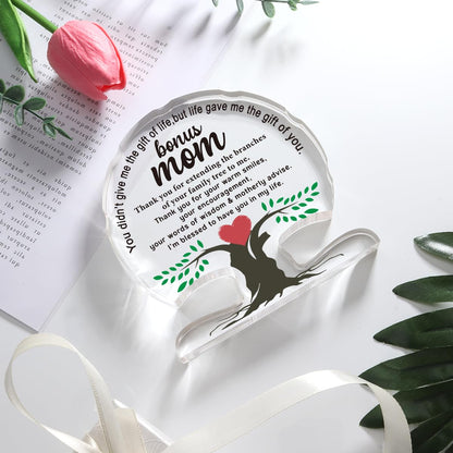 Bonus Mom Gifts from Daughter Son, Birthday Gift for Step New Mom, Stepmother, Mother, Unique Thank You Mom Gifts Acrylic Tree Desk Signs Home Decor Plaque, Mothers Moms Day Gift