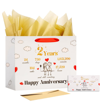 bigniuzi 2nd Anniversary Paper Gift Bag with Tissue Paper and Greeting Card 2 Year Anniversary Paper Gift Bag for Him Her Husband Wife Boyfriend Girlfriend