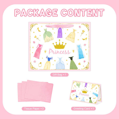 Reyoust 13” Large Princess Themed Gift Bags With Handles and Pink Wrapping Paper Greeting Card Crown Dress Design Gift Bag for Girls Birthday Party Baby shower Decor 1Pcs 13" L x 10.2" H x 4.9" W