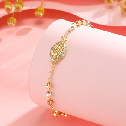 Catholic Crucifix Gifts Rosary Bracelet for Women-14K gold plated Virgin Mary Jesus Cross Charm Link Chain, Dainty Virgen de Guadalupe Religious Gift for Confirmation Baptism First Communion Easter