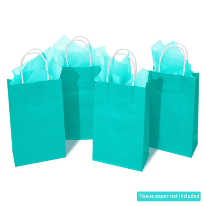 DjinnGlory 100 Pack Small Size Teal Blue Paper Gift Bags with Handles Bulk 9x5.5x3.15 Inch for Holiday Birthday Wedding Baby Shower Party Favors, Business Merchandise Shopping Bags
