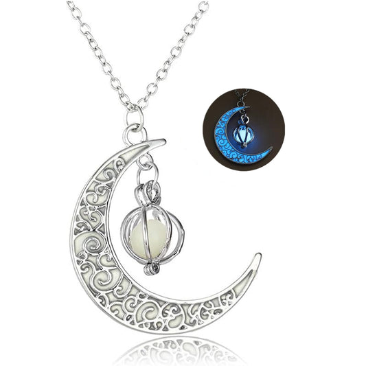 Glow in The Dark Silver Crescent Moon and Orb Necklace - Glowing Blue Moon Charm - Magical Fantasy Fairy Glowing Necklace - Glow Jewelry (sky blue)