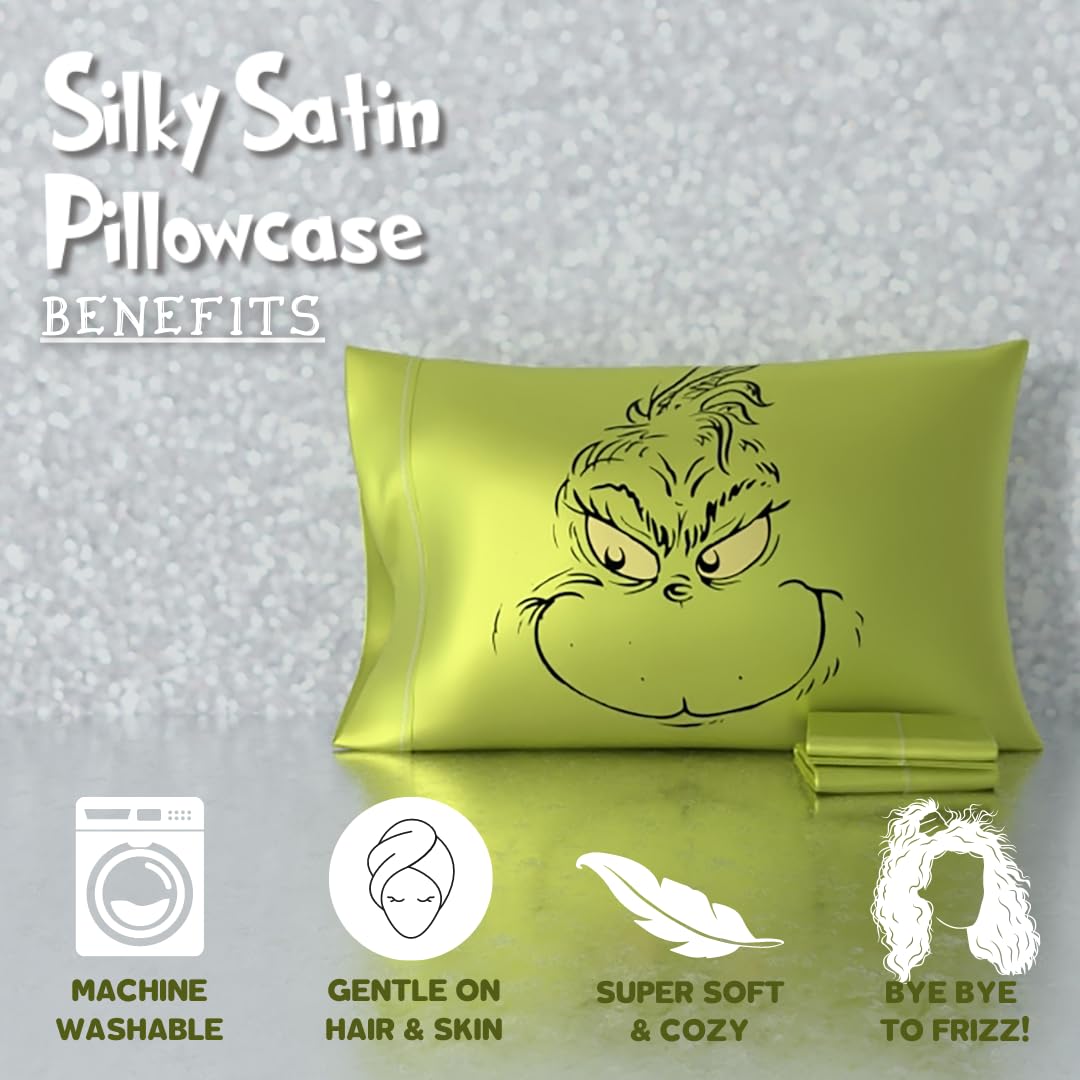 Franco Collectibles Grinch by Dr. Seuss Holiday Beauty Silky Satin Standard Reversible Pillowcase Cover 20x30 for Hair and Skin, (Officially Licensed Product)