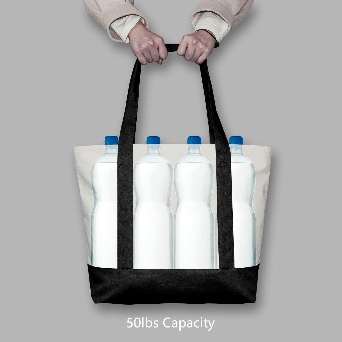 TOPDesign 1 | 3 | 6 | 30 Pack Canvas Tote Bag with an External Pocket, Reusable Grocery Shopping Bag, Top Zipper Closure, Daily Essentials (Black/Natural Pack of 1)
