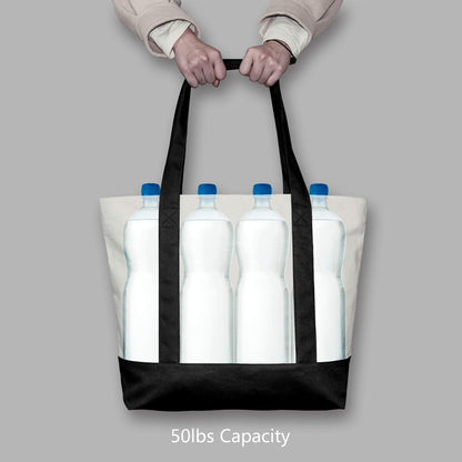 TOPDesign 1 | 3 | 6 | 30 Pack Canvas Tote Bag with an External Pocket, Reusable Grocery Shopping Bag, Top Zipper Closure, Daily Essentials (Black/Natural Pack of 1)