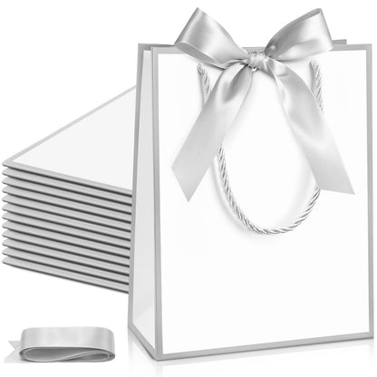 Silkfly 12 Pcs Wedding Paper Gift Bags with Handle 9x7x3.15'' Thank You Gifts Bags with Ribbon Bow Bridal Shower Gifts for Baby Shower Graduation Holiday Birthday Party Supplies (White,Silver)