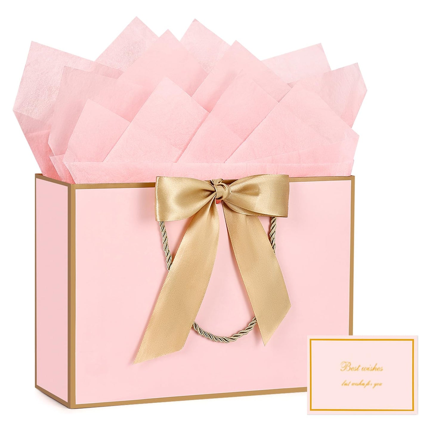 JMANNI Pink Gift Bags with Handles, 13” Medium Gift Bag for Presents, 1 Pcs Bags with 2 Tissue Paper and 1 Cards for Baby Shower Wedding Bridal Shower Mother's Day Birthday Party (Pink Golden)