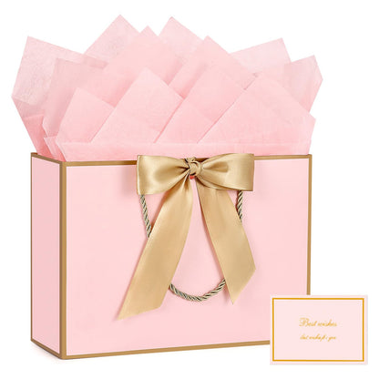 JMANNI Pink Gift Bags with Handles, 13” Medium Gift Bag for Presents, 1 Pcs Bags with 2 Tissue Paper and 1 Cards for Baby Shower Wedding Bridal Shower Mother's Day Birthday Party (Pink Golden)