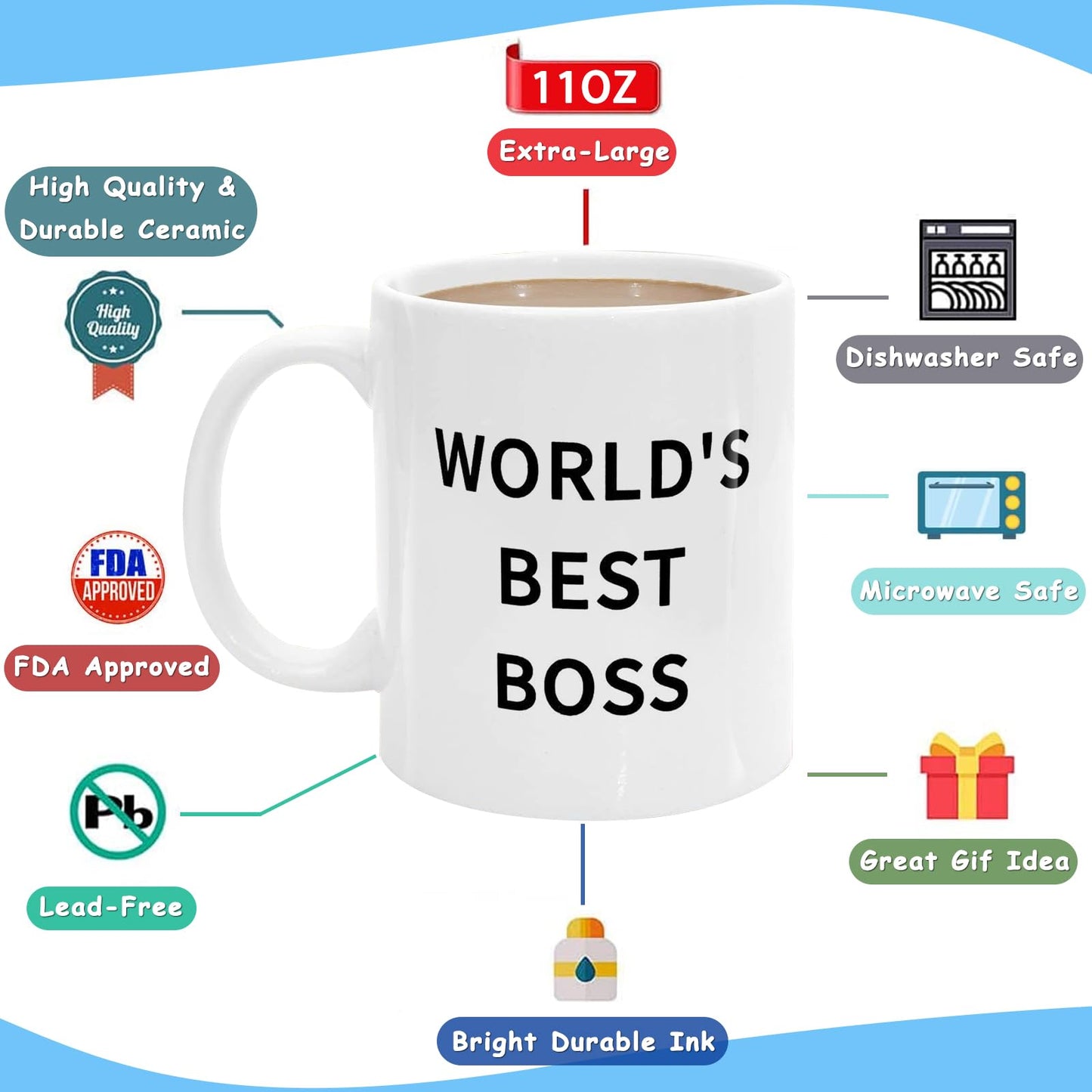 World's Best Boss Mug, The Office Coffee Mug 11 oz Ceramic Mug Funny Unique Idea Cup Gifts for Office Male Female Bosses Coworkers (11oz)