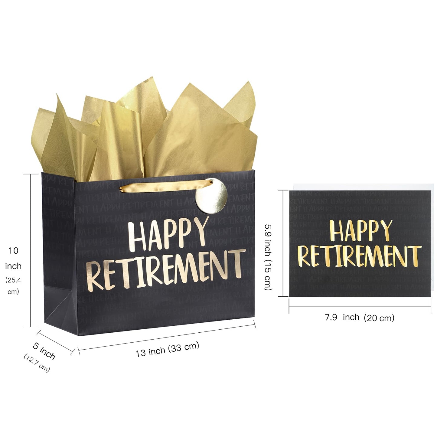 WRAPAHOLIC 13" Large Retirement Gift Bag with Card and Tissue Paper - Black Gold Happy Retirement Lettering