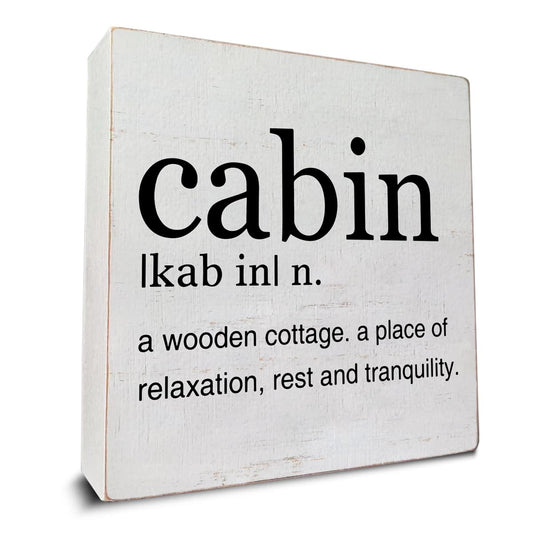 Cabin Definition Art Wooden Box Sign Rustic Farmhouse Cabin Desk Decorative Wooden Sign Home Decor for Table Shelf 5 x 5 Inches