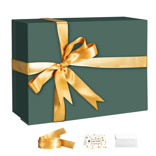 Green Gift Boxes with Lids, 9x7x4 Inches Gift Box with Ribbon, Collapsible Gift Boxes with Magnetic Closure for Presents, Bridesmaid Proposal Box Contains Gift Card Ribbon Tag
