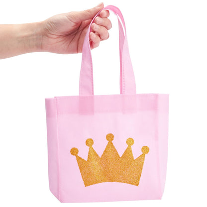 BLUE PANDA 24-Pack Princess Party Favor Bags - 6.5 x 7 x 2 in Pink Canvas Pouches - Reusable & Non-Woven Crown Treat Pouches - Bags for Princess Birthday Party Decorations
