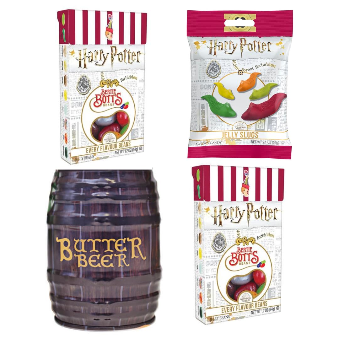 Jelly Belly Harry Potter's Favorites, Gift Pack of 4 (Butterbeer Barrel Tin, Bertie Bott's Every Flavor Jelly Beans, & Jelly Slugs Chewy Candy)