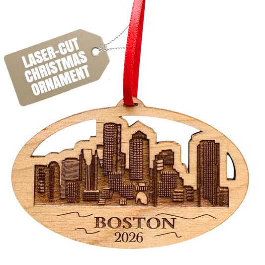 2026 Boston Christmas Ornament, City Skyline Boston Trip Souvenir or Gift Idea, Massachusetts Souvenirs, Gifts - 250 Years of America Commemorative Memento, Laser Cut Wood, with Gift Box