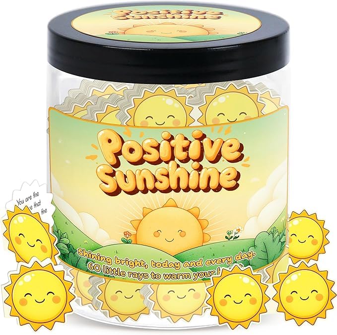 Positive Sunshine Jar - 60 Affirmation Cards, Emotional Support, Yellow - Sunflower - Sunshine Gifts, Stocking Stuffers, Human Sunshine Gift For Women, Cowokers, Friends, Teens