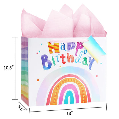 LaRibbons 13" Large Rainbow Birthday Gift Bag with Tissue Paper and Greeting Card, Pink with Holographic Design, Perfect for Girls and Kids Birthday