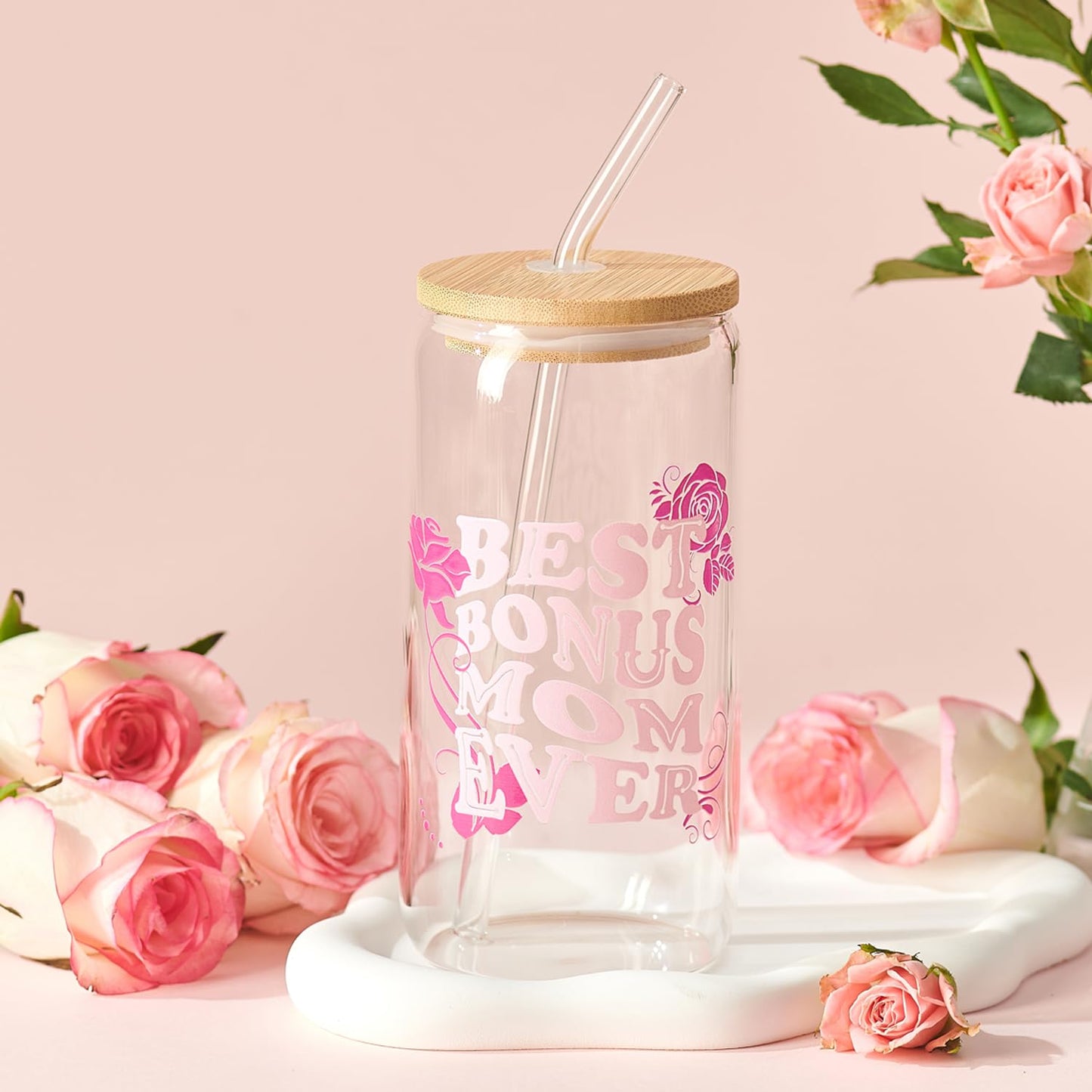Bonus Mom Birthday Gifts Basket from Daughter Son, Mothers Day Birthday Unique Thank You Gift Set for Step Mom,Mother in Law, New Mom, Stepmother Glass Cup Bag Socks Candle Bracelet Keychain