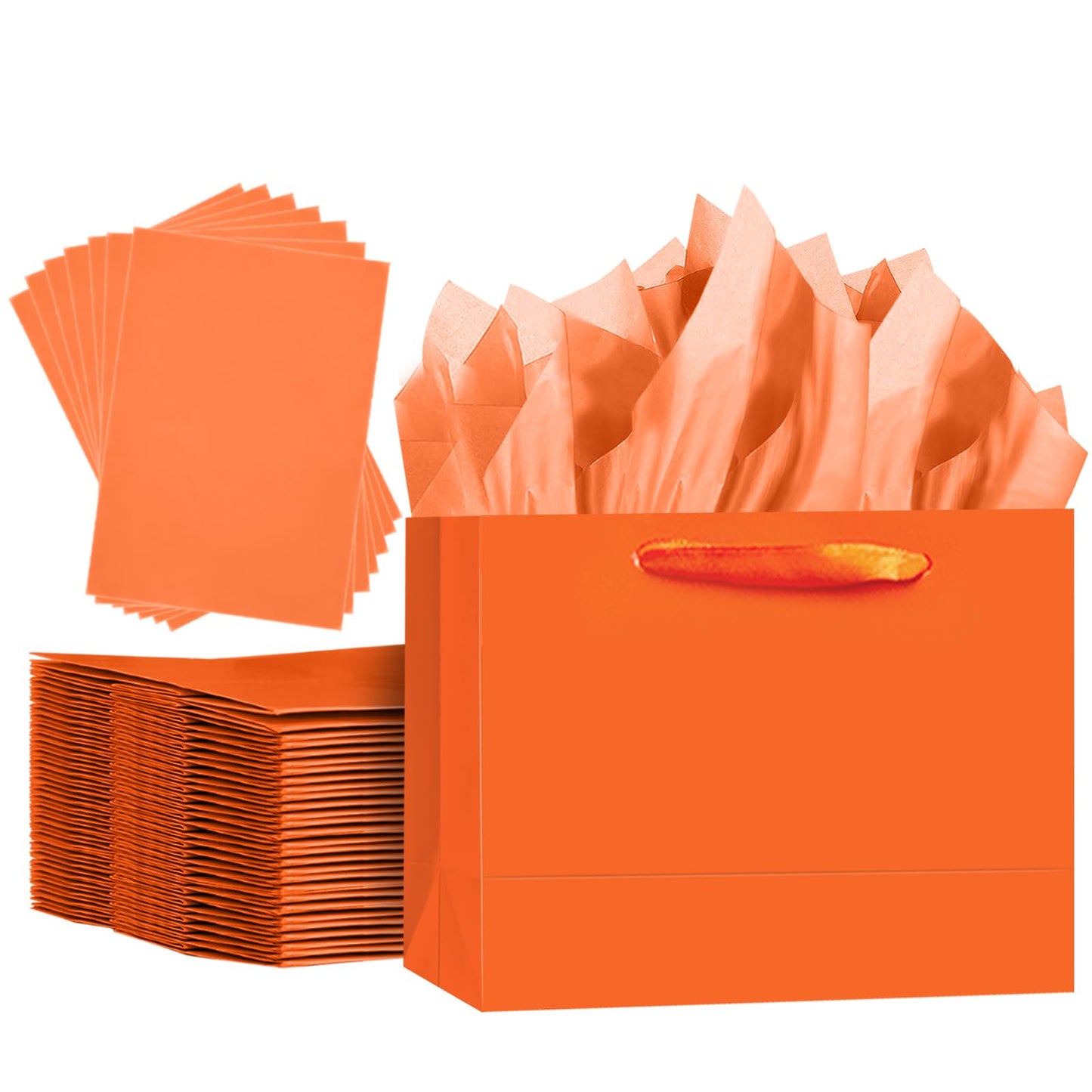 qiqee 5PCS Bright Orange Gift Bags with Ribbon Handles 9.6"x7.9"x4.3" Medium Size Gift Bags (Tissue Paper included, Medium Wide)