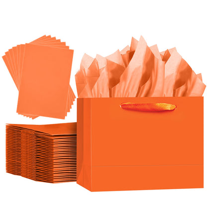 qiqee 5PCS Bright Orange Gift Bags with Ribbon Handles 9.6"x7.9"x4.3" Medium Size Gift Bags (Tissue Paper included, Medium Wide)