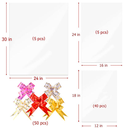Ohuimrt 50Pcs Cellophane Bags 3 Sizes Cellophane Wrap 24x30 16x24 12x18 Inch Large Clear Plastic Bags with 50 Pull Bows for Gift Baskets Packaging