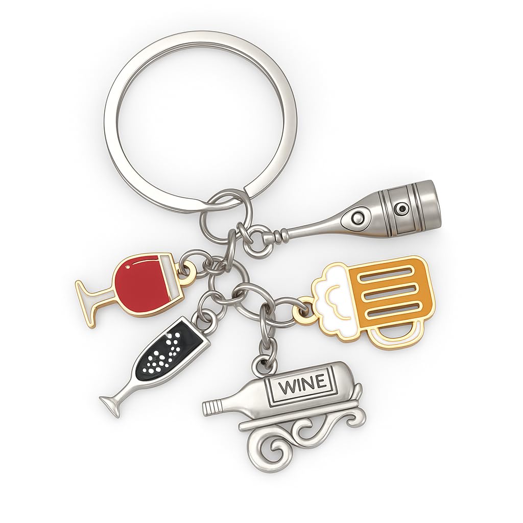 Wine Lover's Keychain Bag Charm for Womens – with Wine Glass, Champagne, Beer Mug, Bottle & Opener, Funny Keychians Gifts for Women Men Wine Lovers, Bartenders, Party Accessories