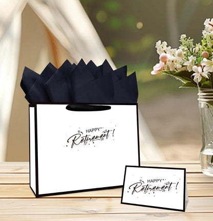 MUNILAIL 13 Inches Retirement Gift Bag Large White and Black Gift Bag with Handle Tissue Paper and Greeting Card for Women Men Retirement Going Away Farewell Party Large Paper Gift Bag