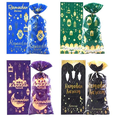 Ramadan Kareem Treat Bags, 100pcs Shining Gold Star Moon Lantern Party Cellophane Bags with Twist Ties Clear Plastic Gift Bags Goodie Cookies Candy Bags for Wedding ,Birthday Party ,Ramadan Mubarak Party Supplies