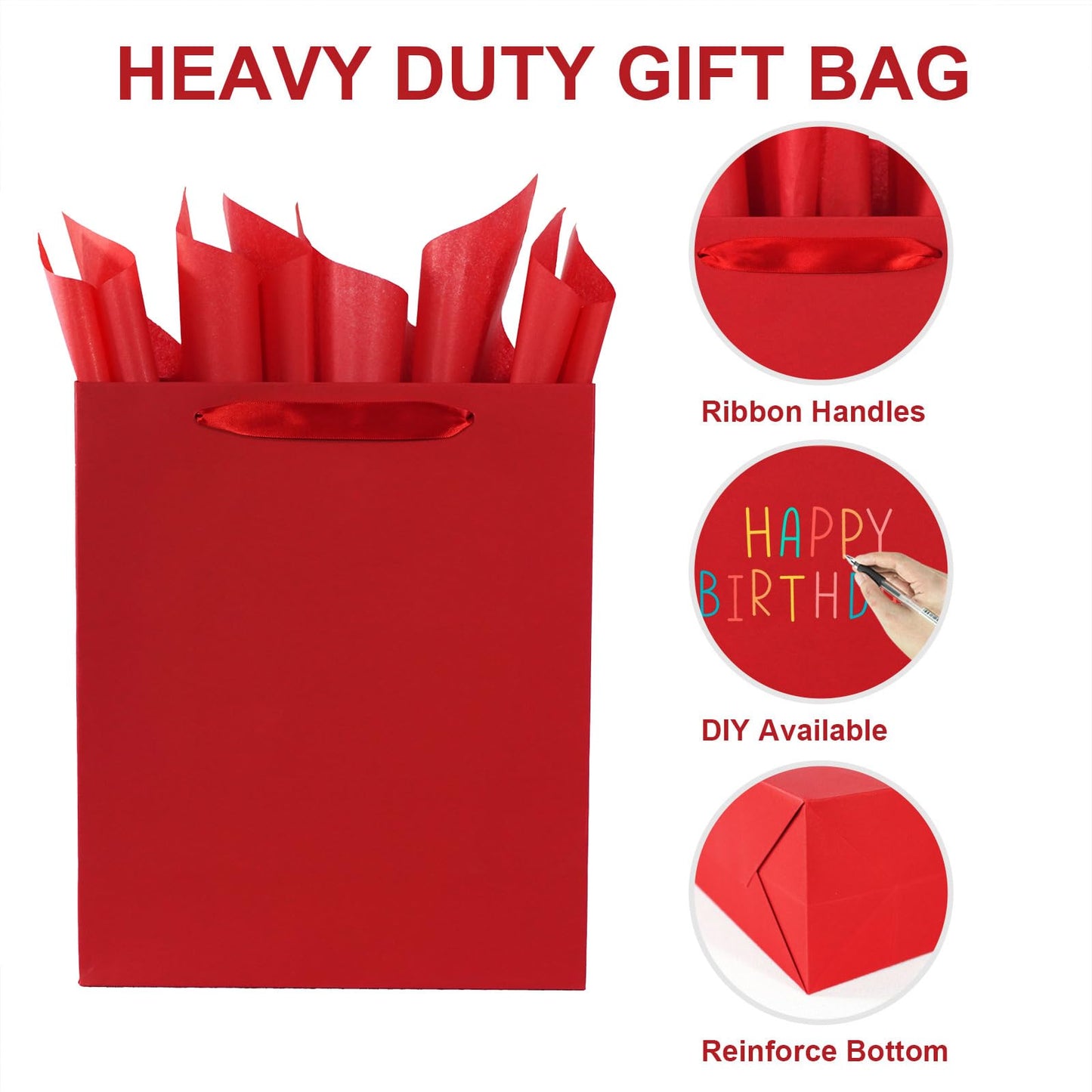 Elegant Red Gift Bag 10.2"x4.7"x12.2" with Ribbon Handles, Includes Card and Tissue Papers, Perfect for Birthdays, Weddings, Parties, Holidays, Baby Shower