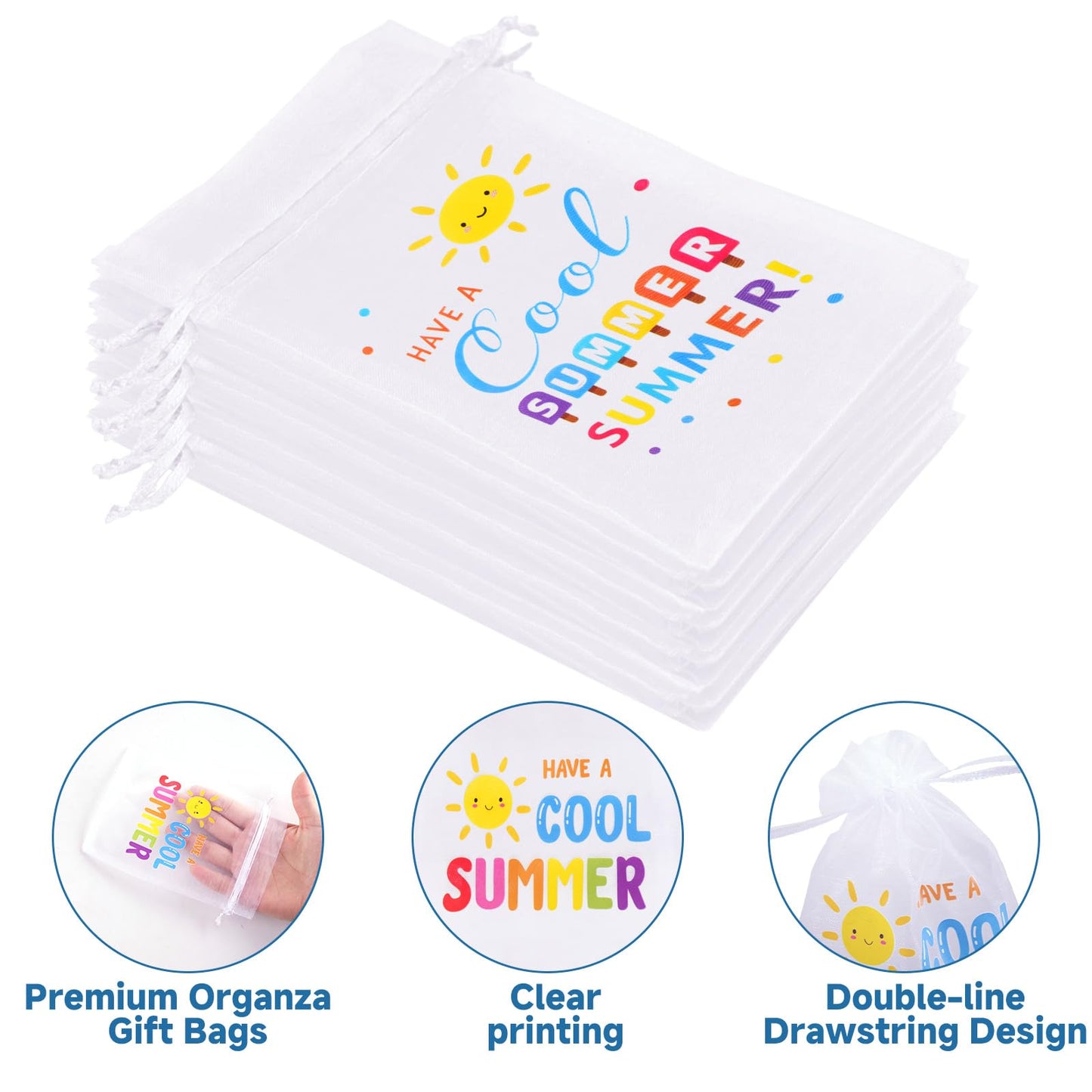 joycraft 30Pcs Summer Organza Bags - 4x6In End of School Year Drastring Gift Bags, 5 Style Have a Bright Summer Party Bags for Vacation, Graduation, Classroom, Office