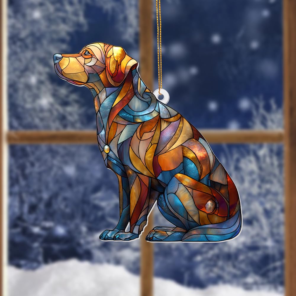 Acrylic Stained Glass Style Dog Ornament – Labrador Retriever Window Hanging Suncatcher, Pet Memorial Keepsake for Dog Lovers, Christmas Tree Decoration, Animal Decor Gift(Sun-07)