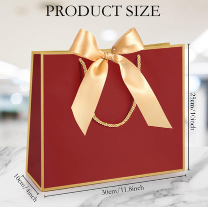 Silkfly 12 Pcs Gift Bags with Handles for Bridesmaid, 12x10x4'' Wedding Welcome Elegant Gift Bags with Bow Ribbon for Graduation Groomsmen Women Baby Shower Birthday Housewarming (Burgundy Red)