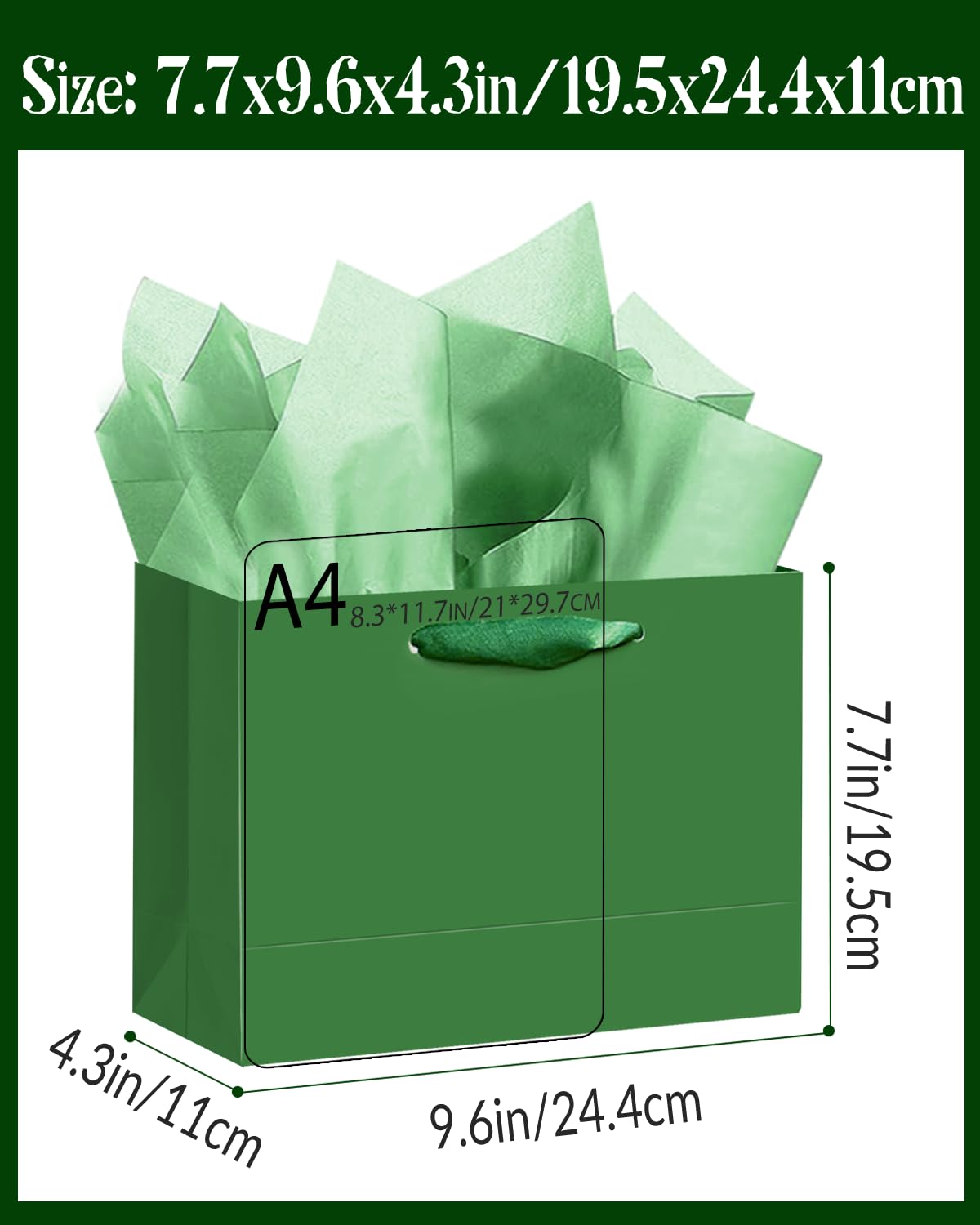 qiqee 5PCS Emerald Green Gift Bags with Ribbon Handles 9.6"x7.9"x4.3" Medium Size Gift Bags (Tissue Paper included, Medium Wide)