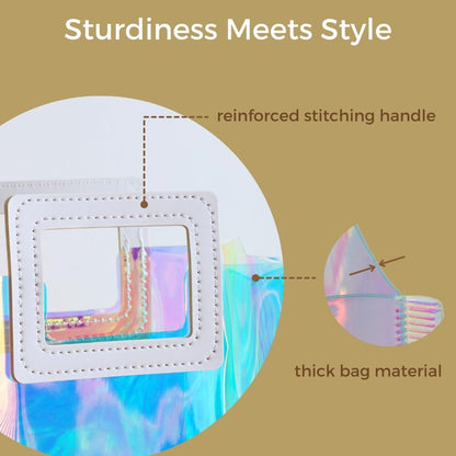 VUOJUR Holographic Large Gift Bag 12.8x11.6x5.7'' Clear Reusable Birthday Gift Bag for Women Girls Iridescent Bachelorette Wedding Christmas with Handle