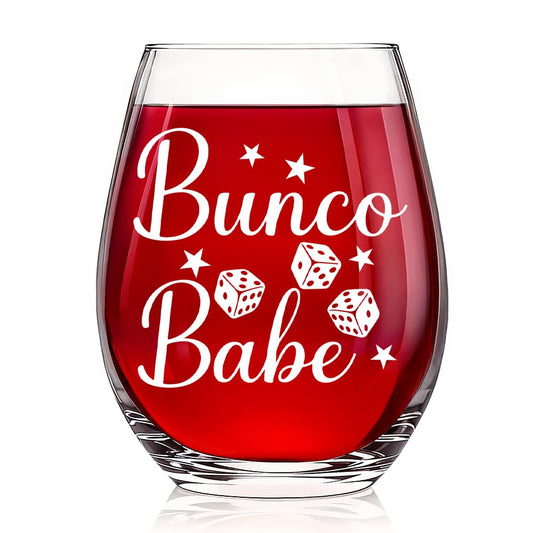 Bunco Babe Funny Stemless Wine Glass for Women, Bunco Party Supplies, Dice Game Night Group Gifts for Women Men Players Sisters Friends, Birthday Christmas Bachelor Gifts for Game Lover Coworker