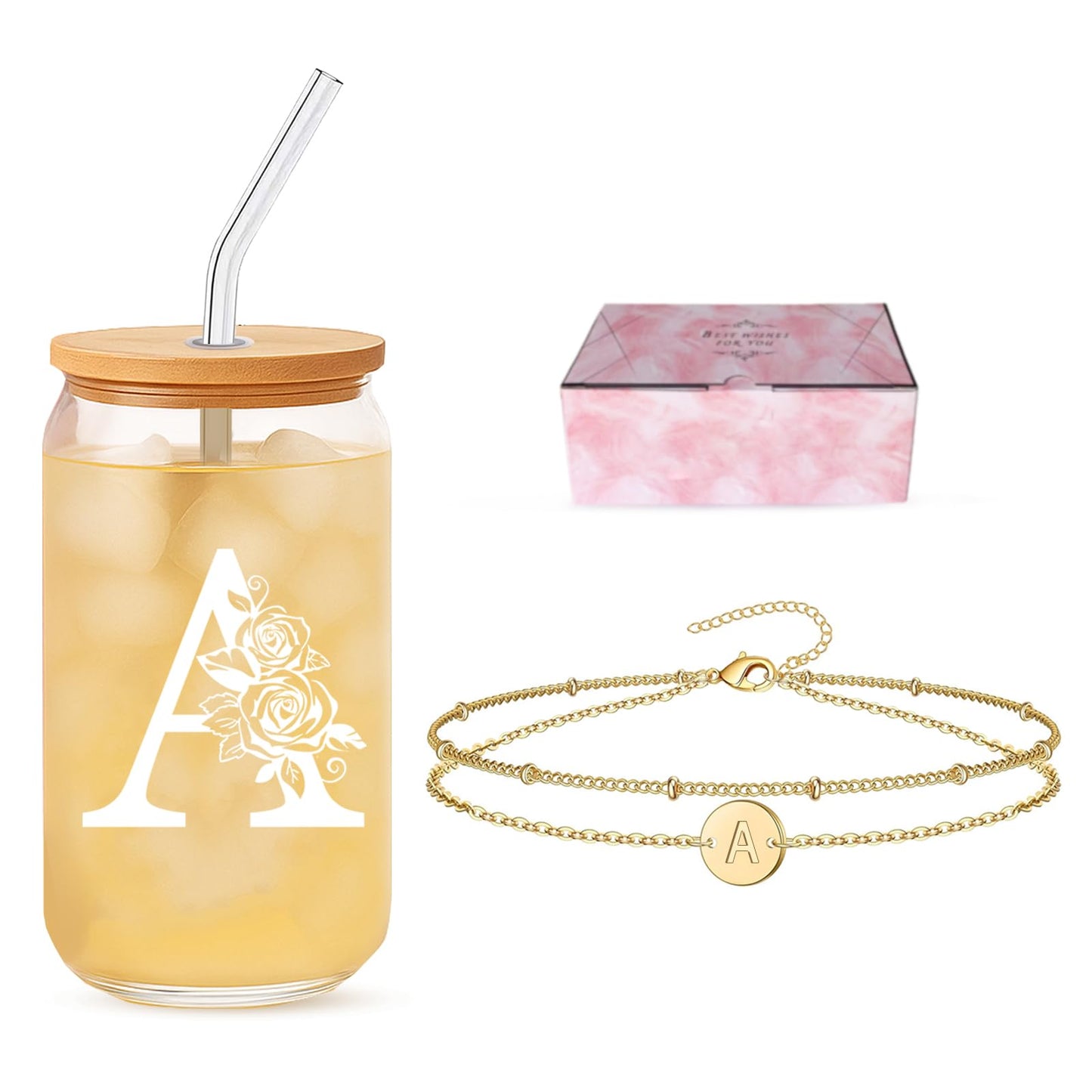 Bridesmaid Gifts for Proposal, Initial Glass Cup and Bracelet Gift Set, Personalized Ready to Gift Letter Gift for Bridesmaid Ask and Bridal Party
