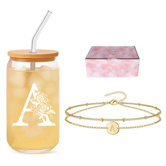 Bridesmaid Gifts for Proposal, Initial Glass Cup and Bracelet Gift Set, Personalized Ready to Gift Letter Gift for Bridesmaid Ask and Bridal Party
