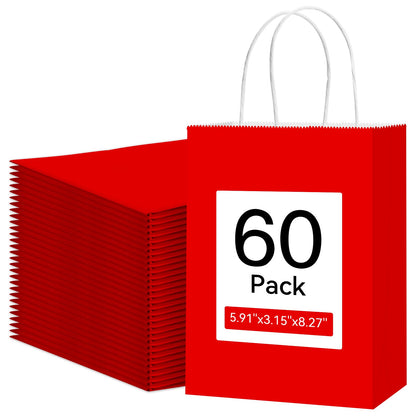 Qioxiou 60 Pack Red Gift Bags with Handles Small Size Bulk 5.91x3.15x8.27 Kraft Paper Gift Bags, Small Red Paper Sacks for Shopping, Business, Retail Merchandise Grocery, Wedding Birthday Party Favor