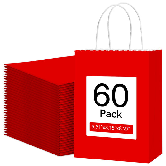 Qioxiou 60 Pack Red Gift Bags with Handles Small Size Bulk 5.91x3.15x8.27 Kraft Paper Gift Bags, Small Red Paper Sacks for Shopping, Business, Retail Merchandise Grocery, Wedding Birthday Party Favor