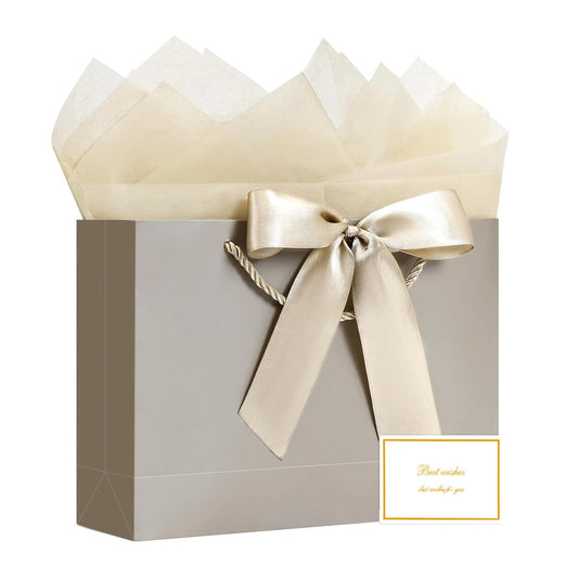JMANNI Gift Bags with Handles, 13” Medium Gift Bag for Presents, 1 Pcs Bags with 2 Tissue Paper and 1 Cards for Graduation Baby Shower Wedding Fathers Day Mother's Day Birthday Party（champagne gold）