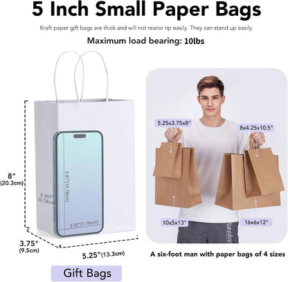 GSSUSA White Paper Bags with Handles 5.25 x 3.75 x 8 In, 20 Pack, Small Gift Bags for Shopping, Retail, Business, Wedding, Party Favor, Merchandise, Boutique and Craft Use