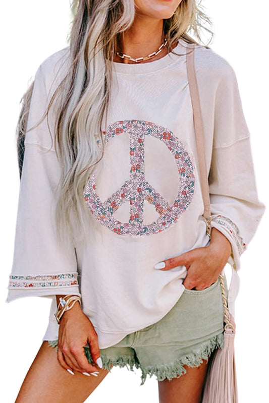 KevaMolly Womens Long Sleeve Tops Floral Peace Symbol Drop Shoulder Sweatshirt Round Neck Casual Pullover